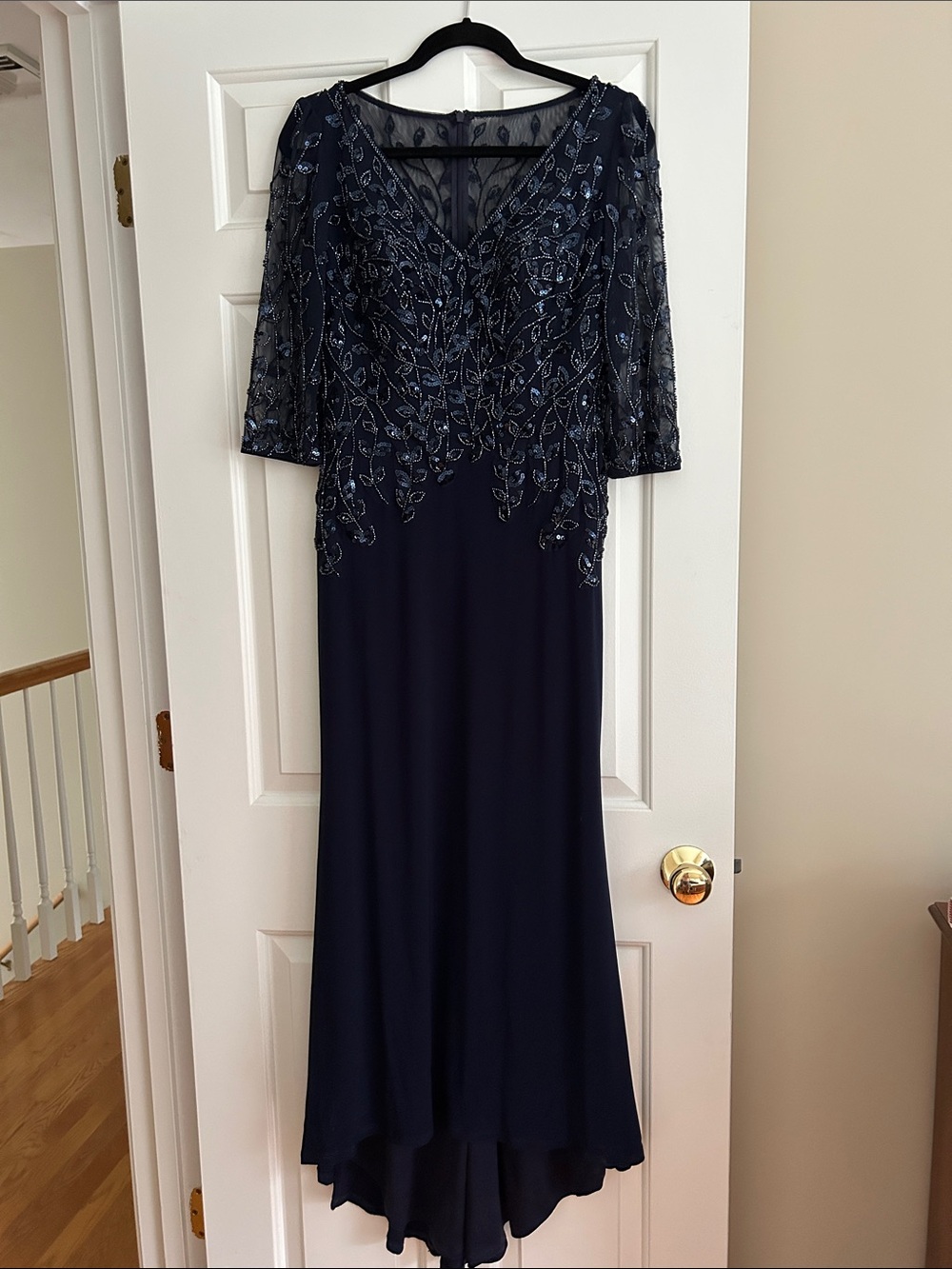 Christina Wu Navy Beaded V-Neck 3/4 Sleeve Evening Gown Style #17099 Size 6.